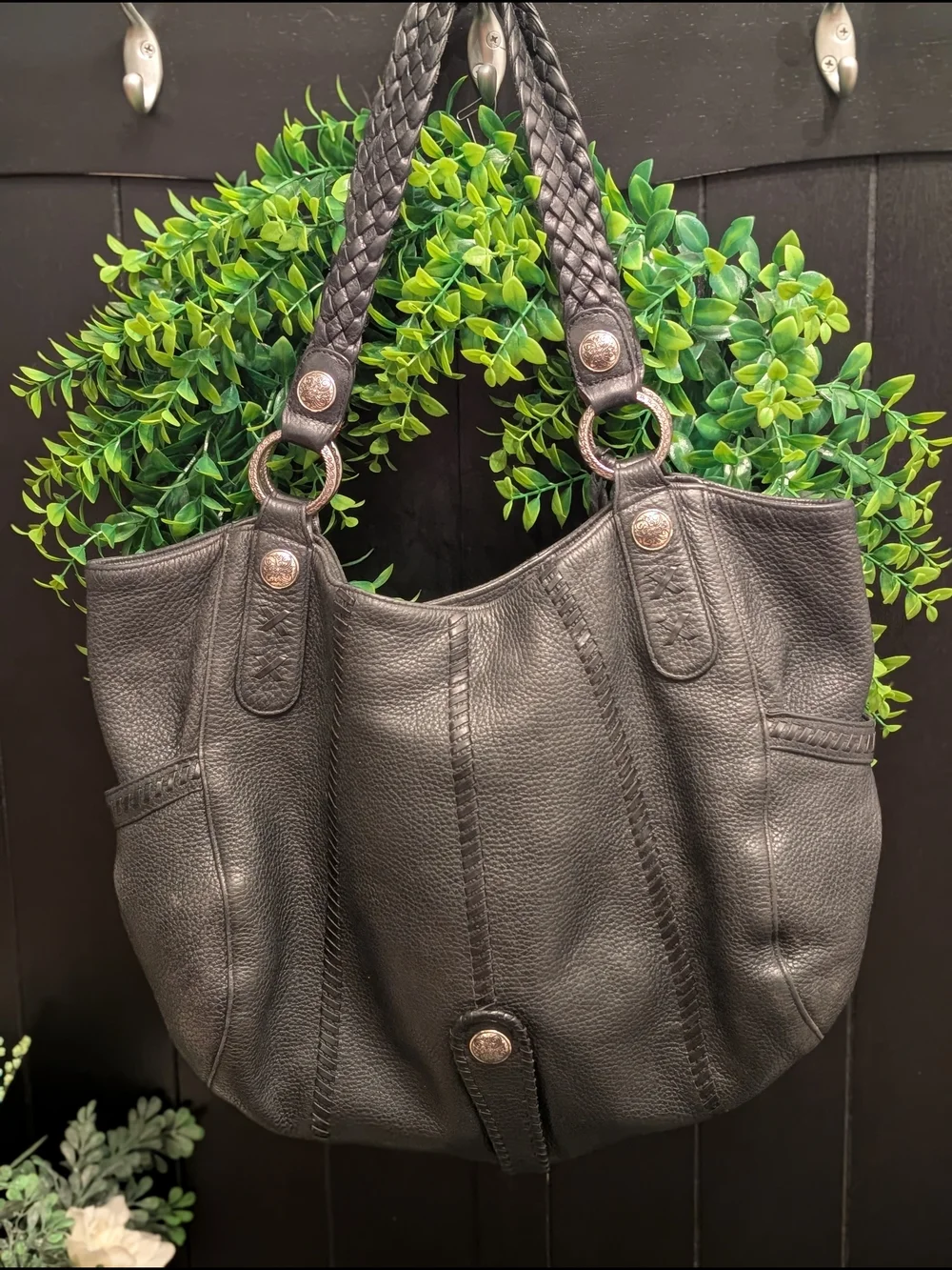 Black Leather Braided-Handle Brighton Hobo Bag